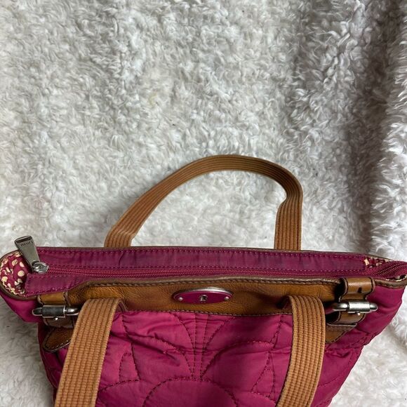 Fossil Key -Per Quilted Fabric burgundy shoulder bag brown leather trim & straps - Picture 6 of 12